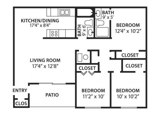 Three bedroom Two bathroom The Sandia floor plan at Canyon Point Apartments in Albuquerque, NM.